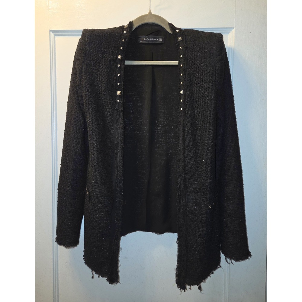 Zara Woman Black Twed Textured Blazer  with Gold Grommet Details. Rough Hem. XS